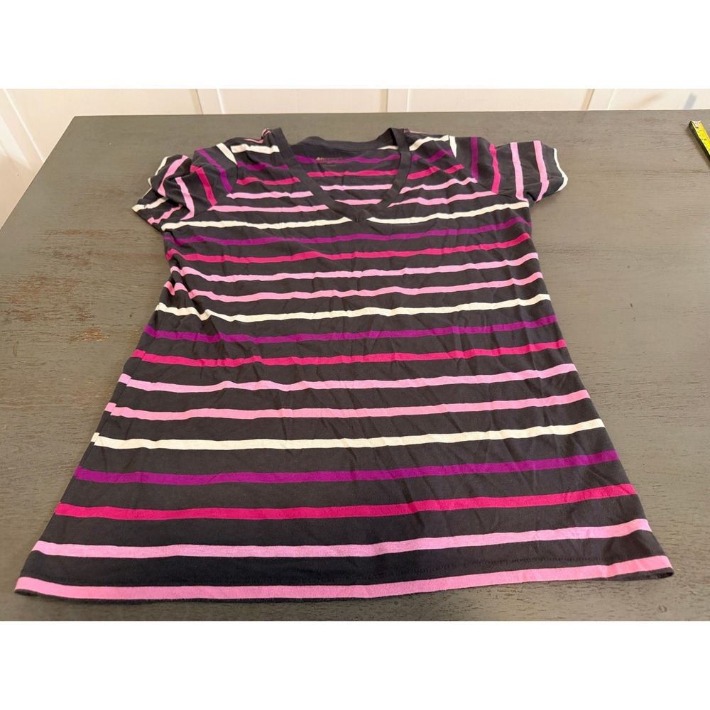 Arizona Jean Co Womens XXL Striped V-Neck T-Shirt Pink Purple Grey Short Sleeve